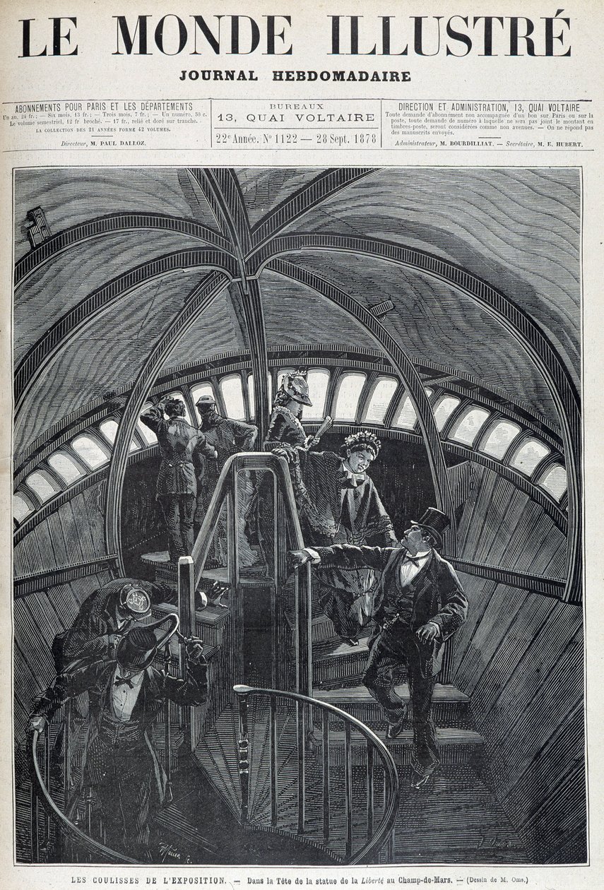 Besøget af indersiden af hovedet af Frihedsgudinden på Verdensudstillingen - i "Den Illustrerede Verden"" af 28/09/1878 af Unknown artist