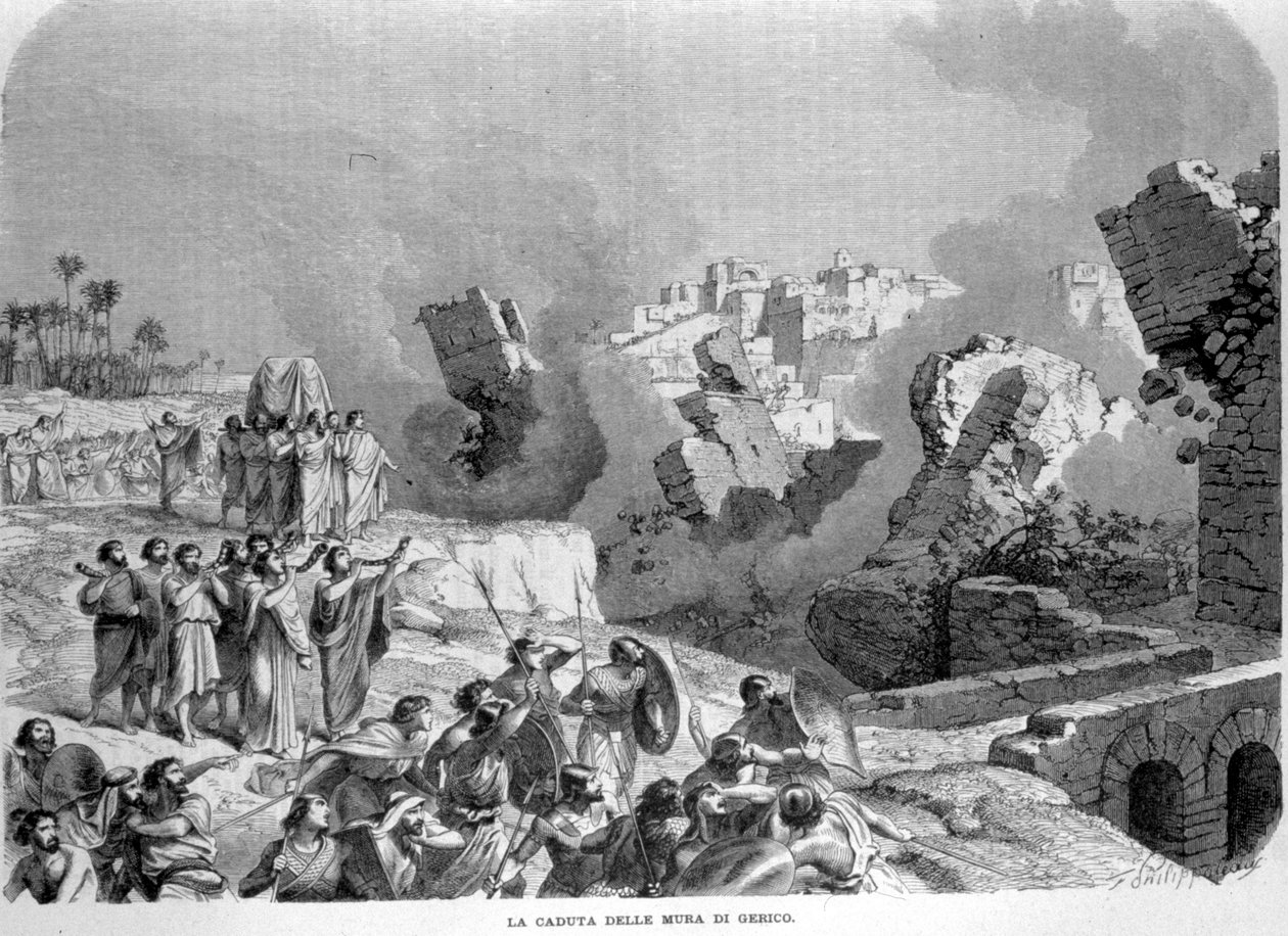 Jerikos mure kollapsede til lyden af Hoseas trompeter, hvilket gjorde det muligt for hebræerne at gribe dem. Josvas Bog. Indgravering af det 19. århundrede. af Unknown artist