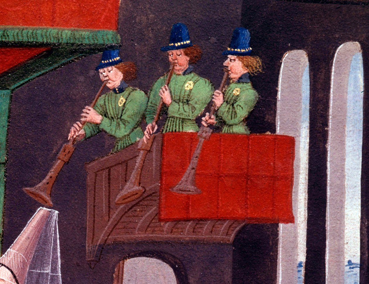 Bryllupsbanket for Clarisse, datter af kong Yvon af Gascogne og Renaud Detail, der repræsenterer trompetisterne. Miniature fra manuskriptet "Renaud de Montauban" eller "Les quatre fils Aymon" af Loyset Liedet (aktivt mellem 1448 og 1478). Fru 5073. af Unknown artist