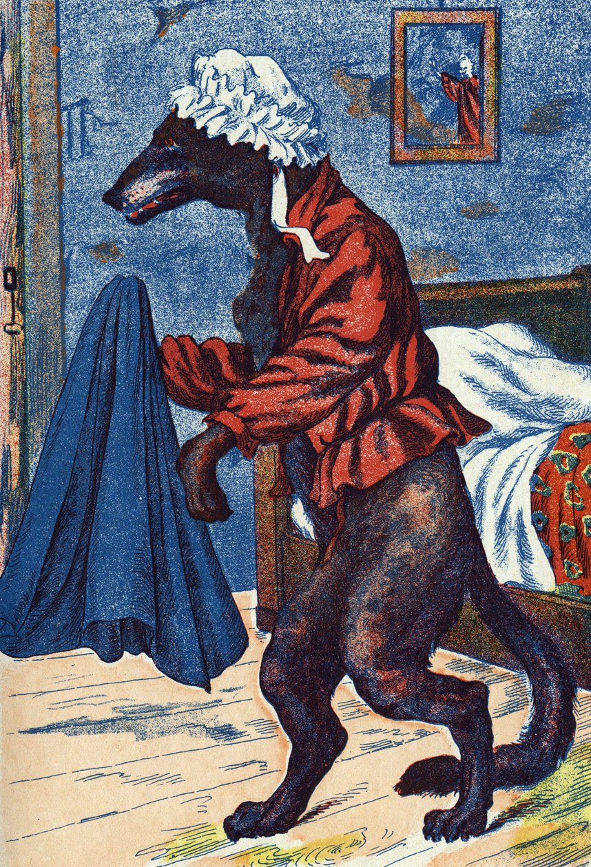 Ulven tager bedstemoderens tøj på. Anonym illustration til "Den lille rødhætte", fortælling af Charles Perrault (1628-1703), fransk forfatter. Billedmateriale Marcel Vagne, Jarville Nancy, udateret (slutningen af det 19. århundrede). af Unknown artist