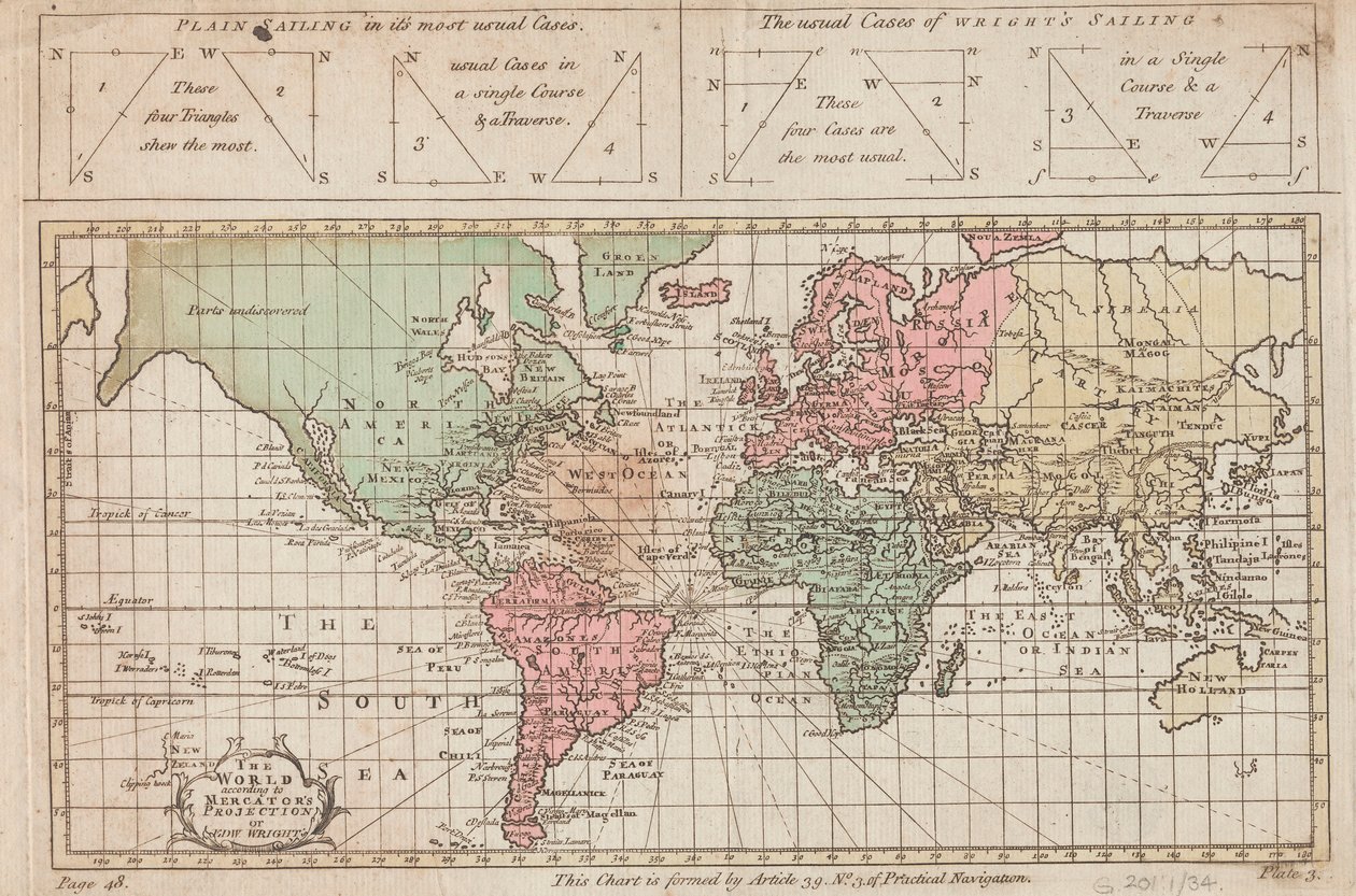 Verden ifølge Mercators projektion eller Edw Wrights, ca. 1730 (kobberstik) af Unknown artist