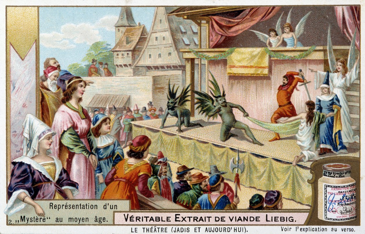 Teater: repræsentation af et mysterium i middelalderen - Liebig-kromolitografi af Unknown artist