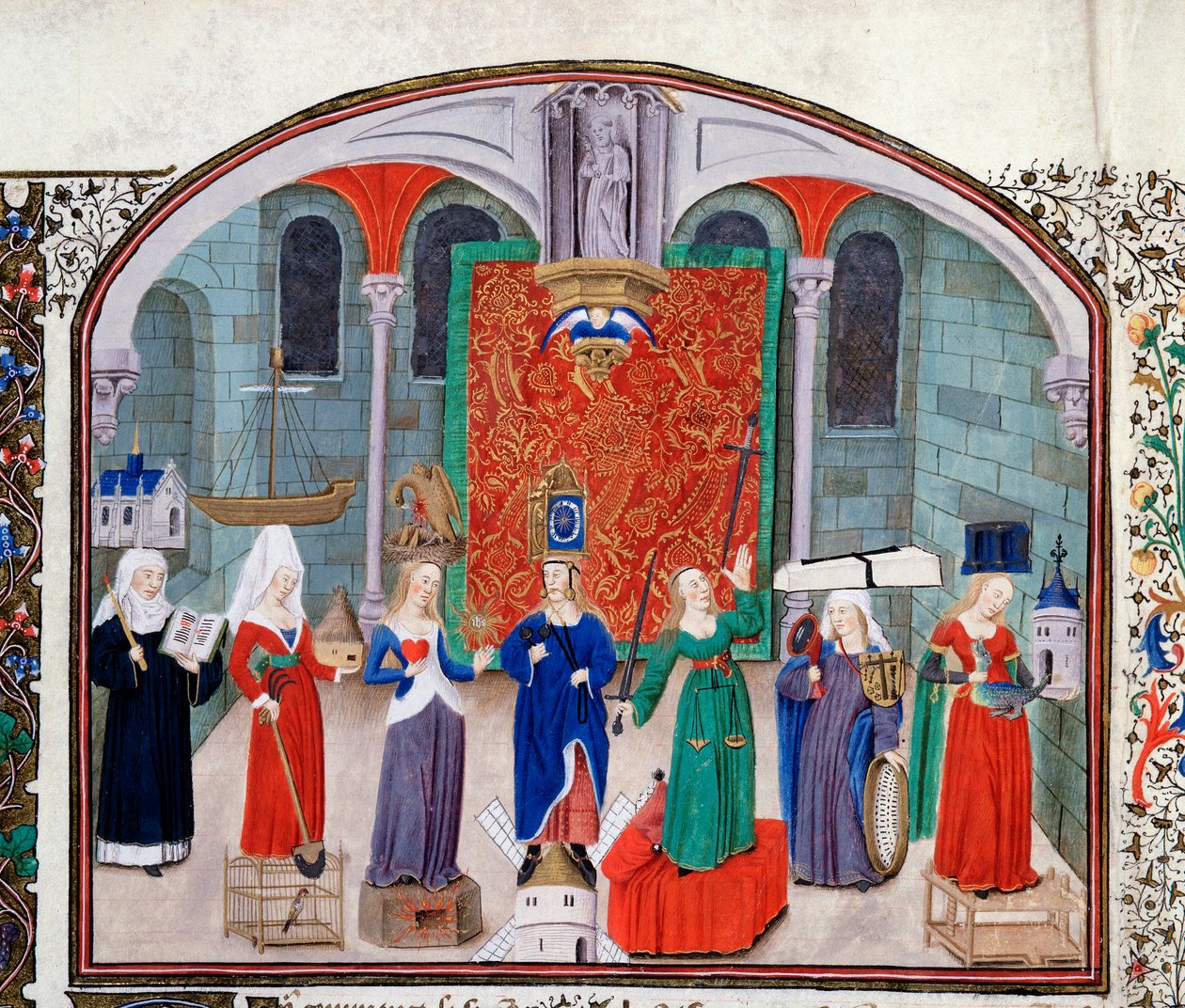 Teori om teologiske og kardinaldyder. Miniature fra manuskriptet (Ms 927 fol.17V) "" Commentary on Political and Economic Ethics"" af den græske filosof Aristoteles (383-322 f.Kr.) oversat af Nicolas Oresme (1325-1382) af Unknown artist