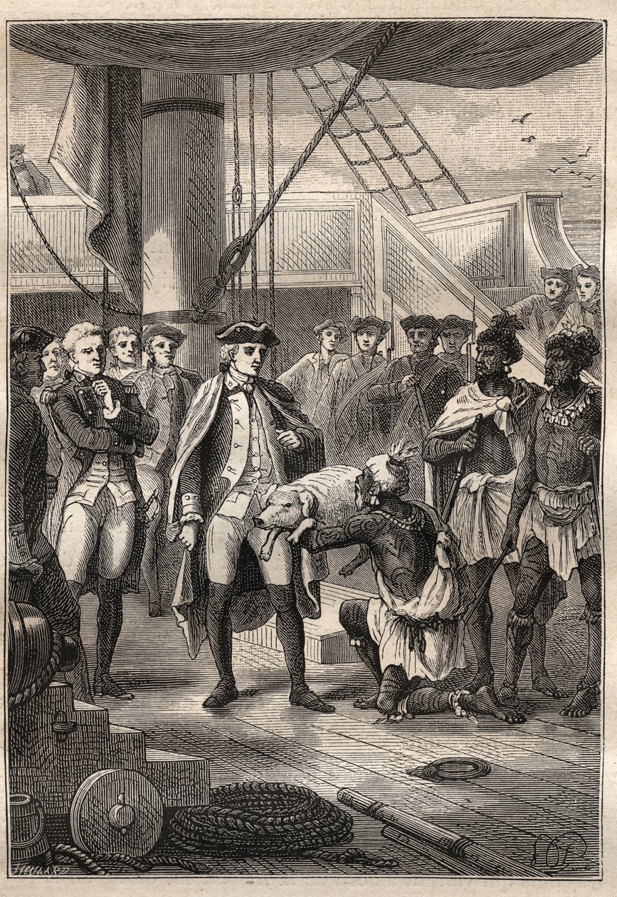 Tredje rejse (1776-1779) af kaptajn James Cook (1728-1779): Præst Koah tilbyder en lille gris til Cook, ombord på skibet Resolution (Hawaii) - illustration fra "The Great Mariners of the 18th century" af Unknown artist