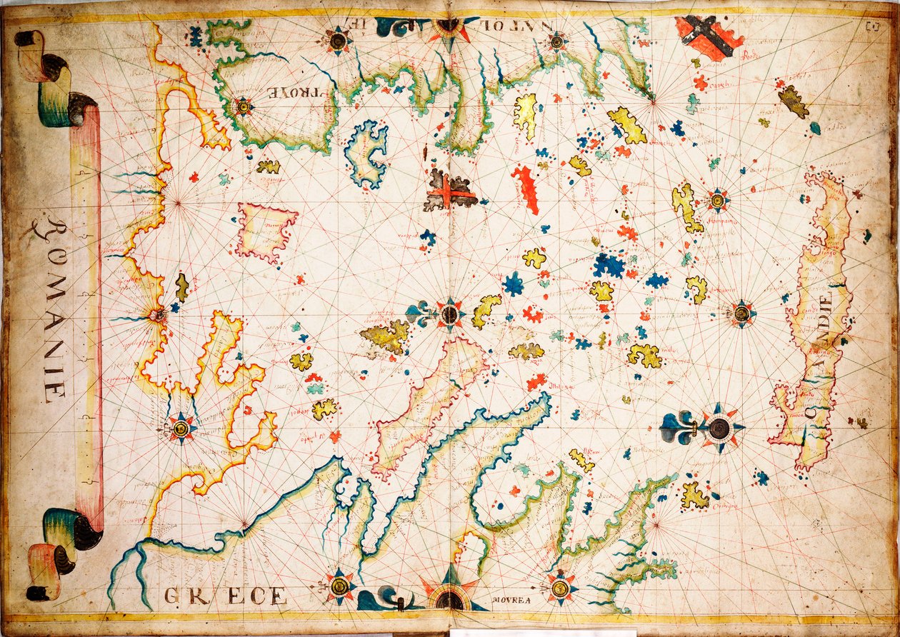Denne type tidlige søkort i pergament stammer fra Middelhavet i det 13. århundrede, ca. 1610 (manuskript). af Unknown artist