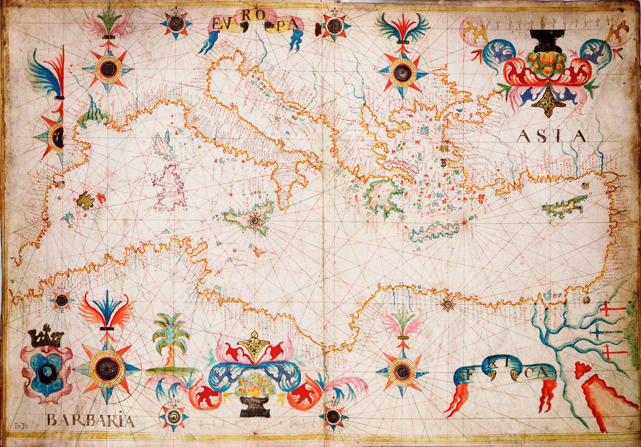Denne type tidlige søkort i pergament stammer fra Middelhavet i det 13. århundrede, ca. 1610 (manuskript). af Unknown artist