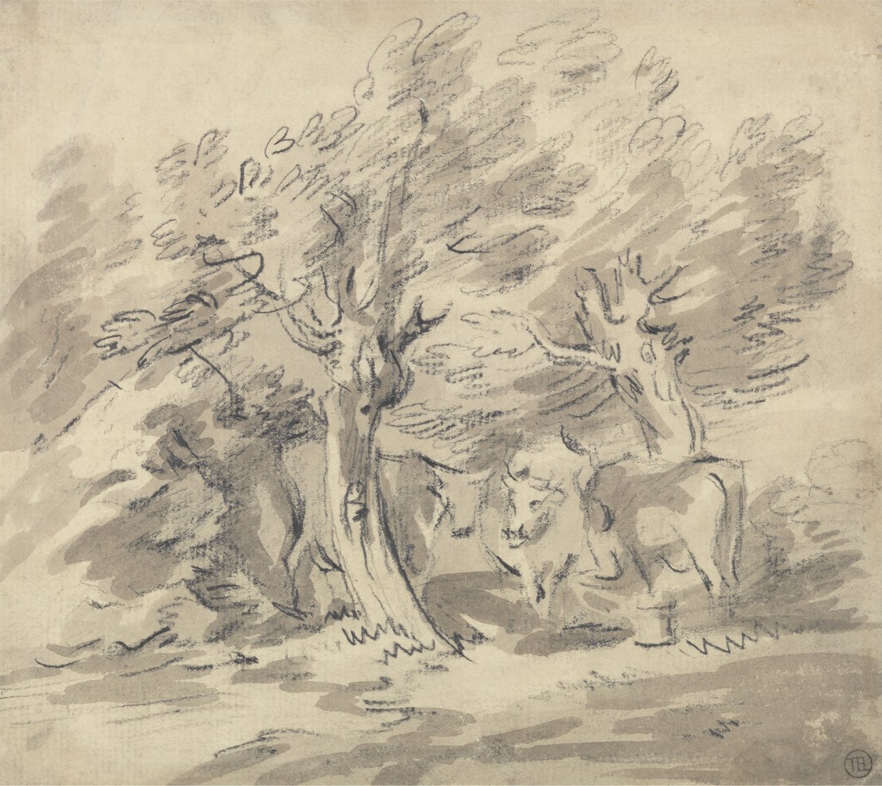 Tre køer, der står under en gruppe træer af Unknown artist
