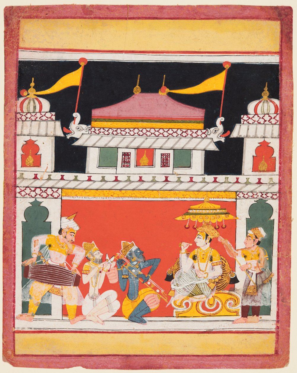 Tre musikere optræder foran en konge: Shri Raga, fra en Ragamala af Unknown artist