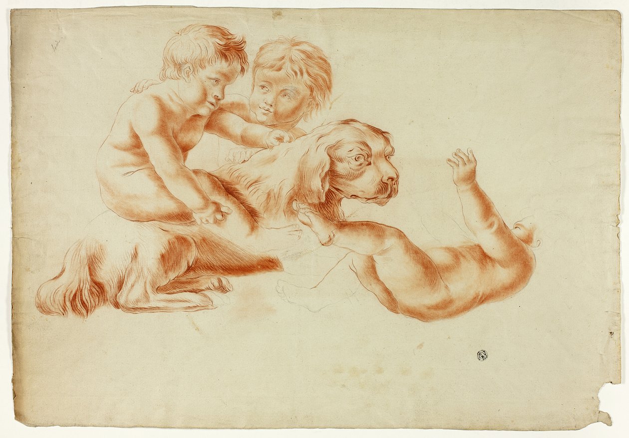 Tre putti leger med hund af Unknown artist