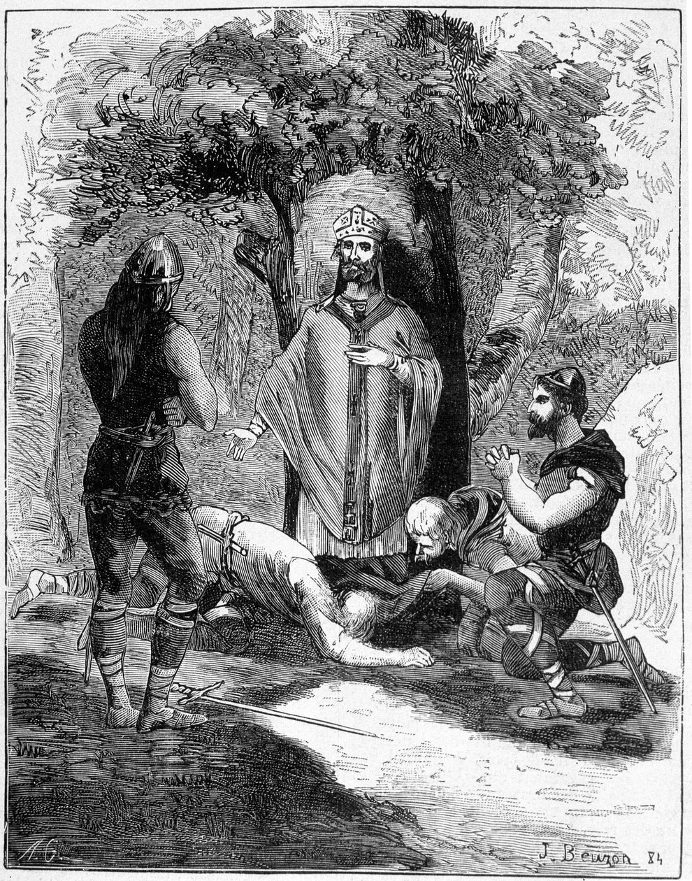 Tre af Saint Legers bødler (616-677) kastede sig for hans fødder for at bede om tilgivelse. Indgravering af det 19. århundrede. af Unknown artist