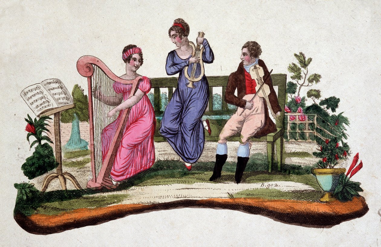Tre personer, der spiller på musikinstrumenter i en have: harpe, lyre, bratsch. Ætsning sd. af det 18. århundrede. af Unknown artist