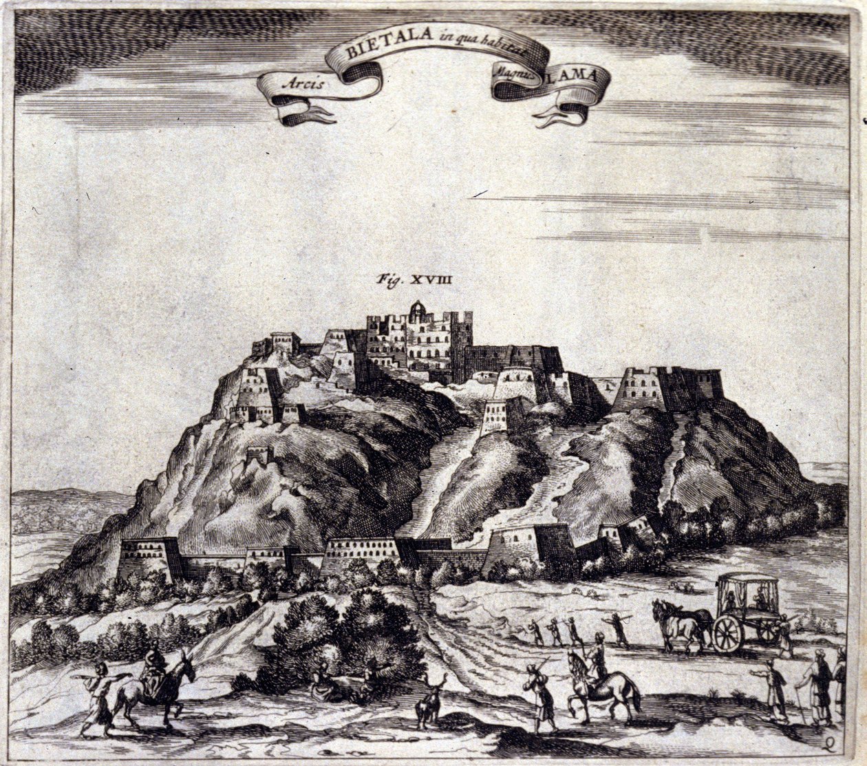 Tibet. Udsigt over Pothala, palads eller Dalai Lama i Lhasa. “De China Monumenta” af Athanasius Kircher (1601 - 1680), jesuit, orientalist og tysk lærd, Amsterdam 1667. af Unknown artist