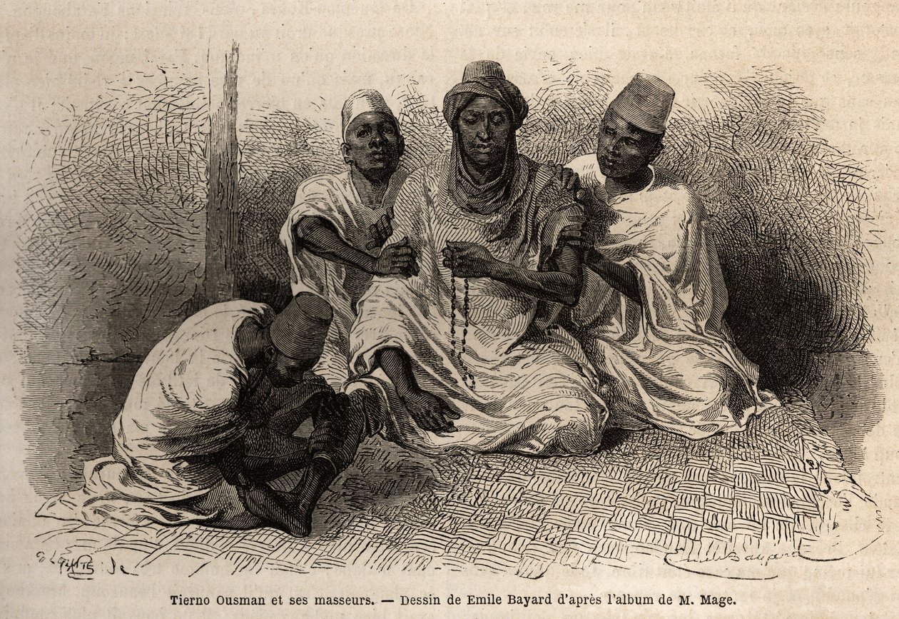 Tierno Ousman, fra Toucouleur-stammen, leder af landsbyen Guemmou Koura (Mali), holder en muslimsk rosenkrans med store korn, opretter sine bønner, mens hans massører masserer hans ryg og ben. Gravering for at illustrere rejsen til det vestlige Sudan af Li af Unknown artist
