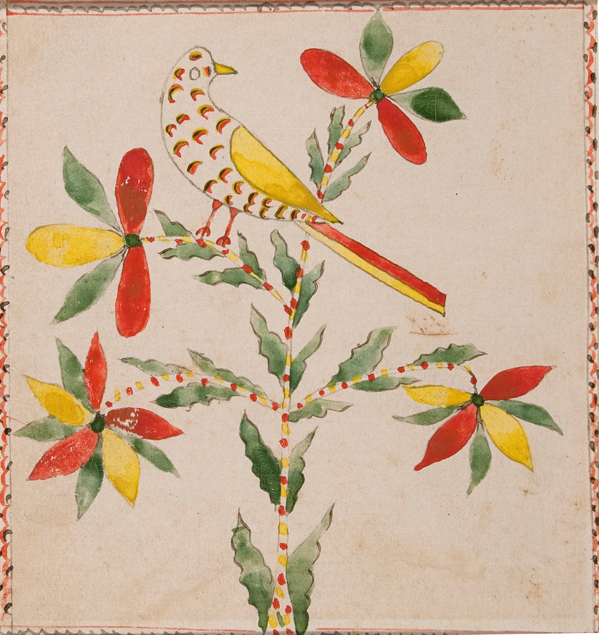Lille gul og rød fugl på blomstrende kvist af Unknown artist