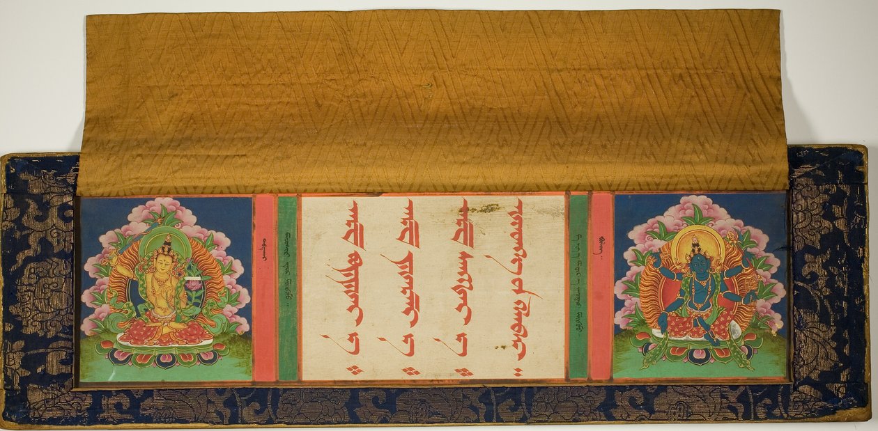 Titelblad og forside af et buddhistisk manuskript med Manjusri (til venstre) og Mantramanudharani, en Pancharaksha-gudinde (til højre) af Unknown artist