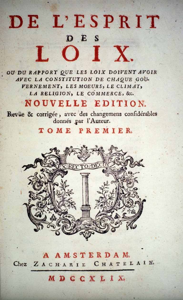 Titelside på "" Lovenes ånd"" af Charles Louis de Secondat, Baron de La Brede et de Montesquieu (1689-1755). Amsterdam udgave 1749. af Unknown artist