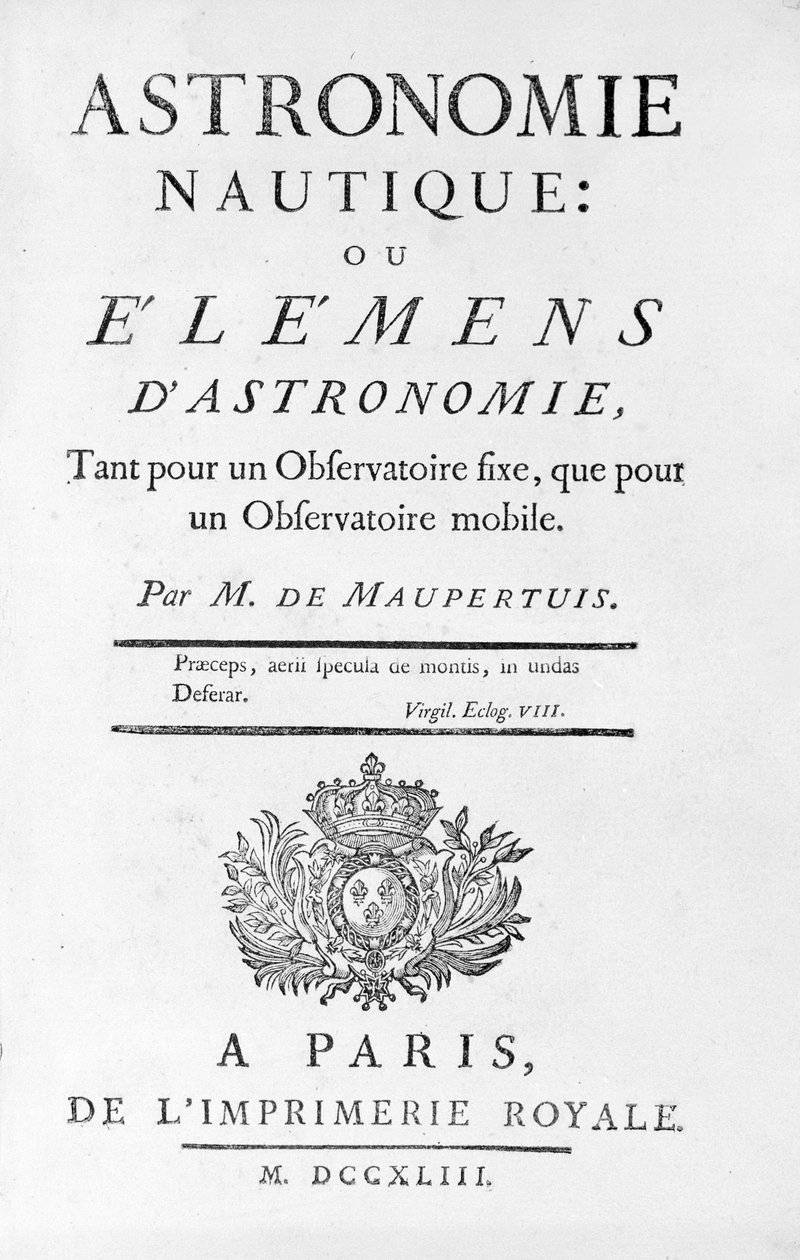 Titelside til Nautical Astronomy: eller Elemens (Elements) of Astronomy af M. de Maupertuis (Pierre-Louis Moreau de) (1698 - 1759). 1743. af Unknown artist