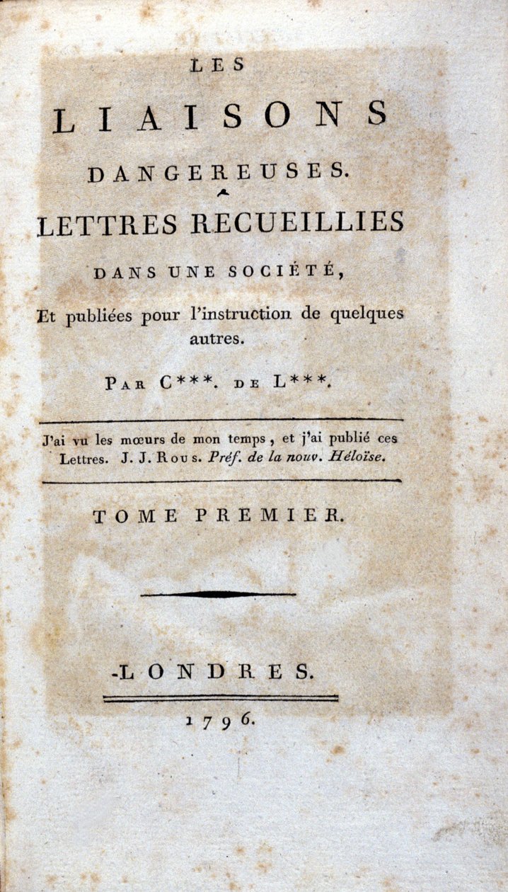 Titelside på bogen "Dangerous Liaisons" af Choderlos de Laclos, London af Unknown artist