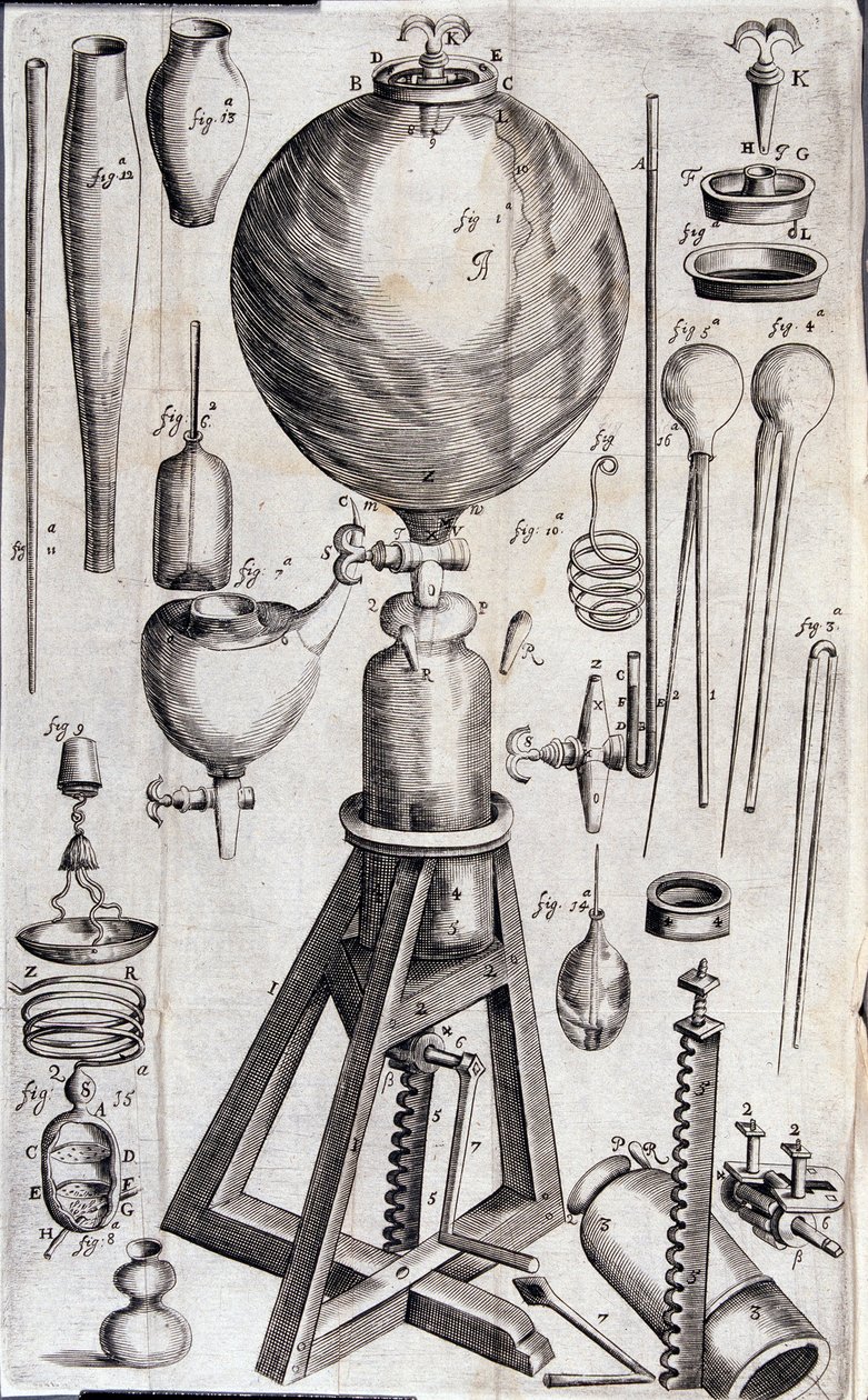 Værktøjer til videnskabelige eksperimenter - i "Nye fysisk-mekaniske eksperimenter på luftens elastiske kraft og virkningerne af samme, gjort det meste i en ny pneumatisk maskine"" af Robert Boyle af Unknown artist