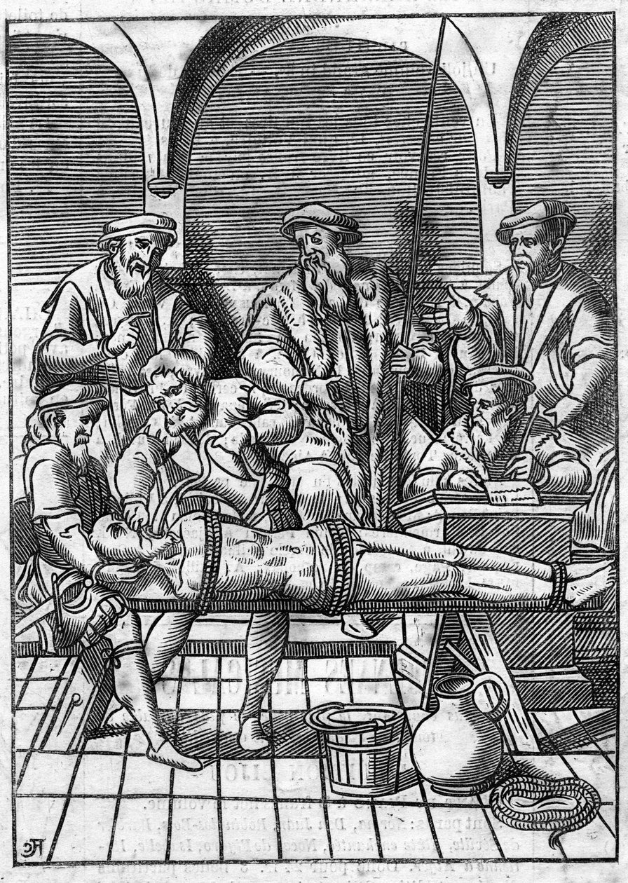 Tortur i middelalderen: spørgsmålet om vand. Bind med snore, vand hældes på en klud, der skubbes til bunden af hans hals. Stik af 1700-tallet efter en stik fra middelalderen. af Unknown artist