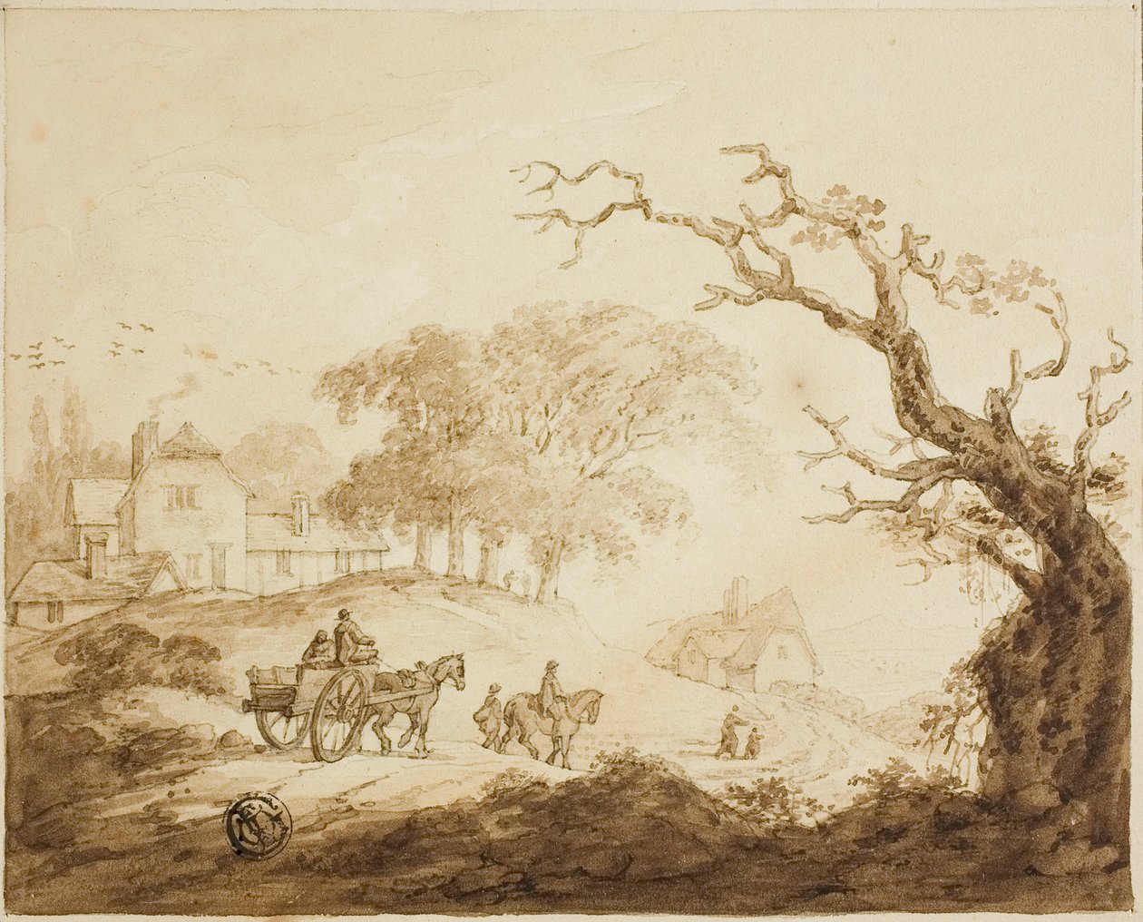 Rejsende med heste og vogn på vej forbi huse af Unknown artist