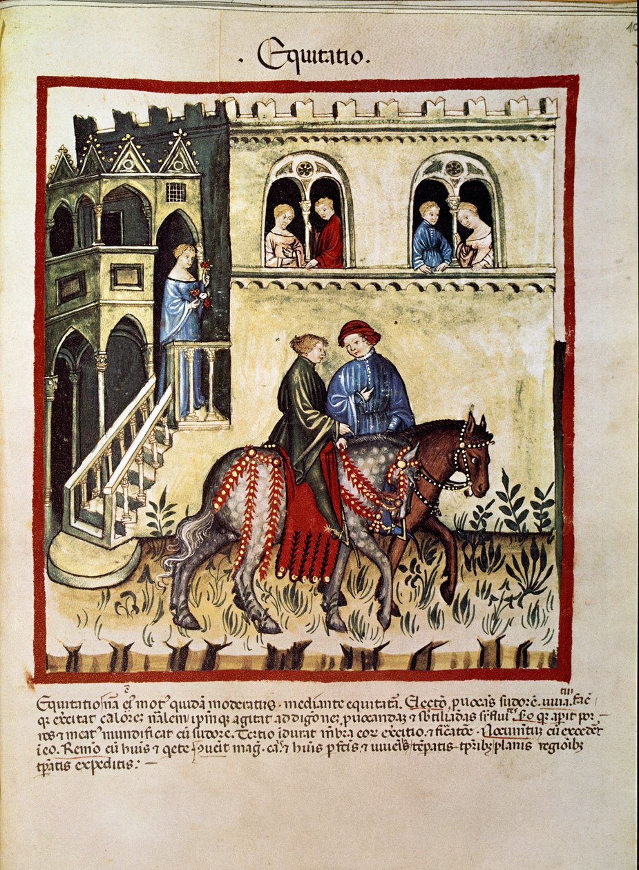 Behandl medicin: "" fordelene ved ridning"" Side taget fra "" Tacuinum sanitatis"" (Cod. ser. nov. 2644) Omkring 1400 Wien, Osterreichische Nationalbibliothek af Unknown artist