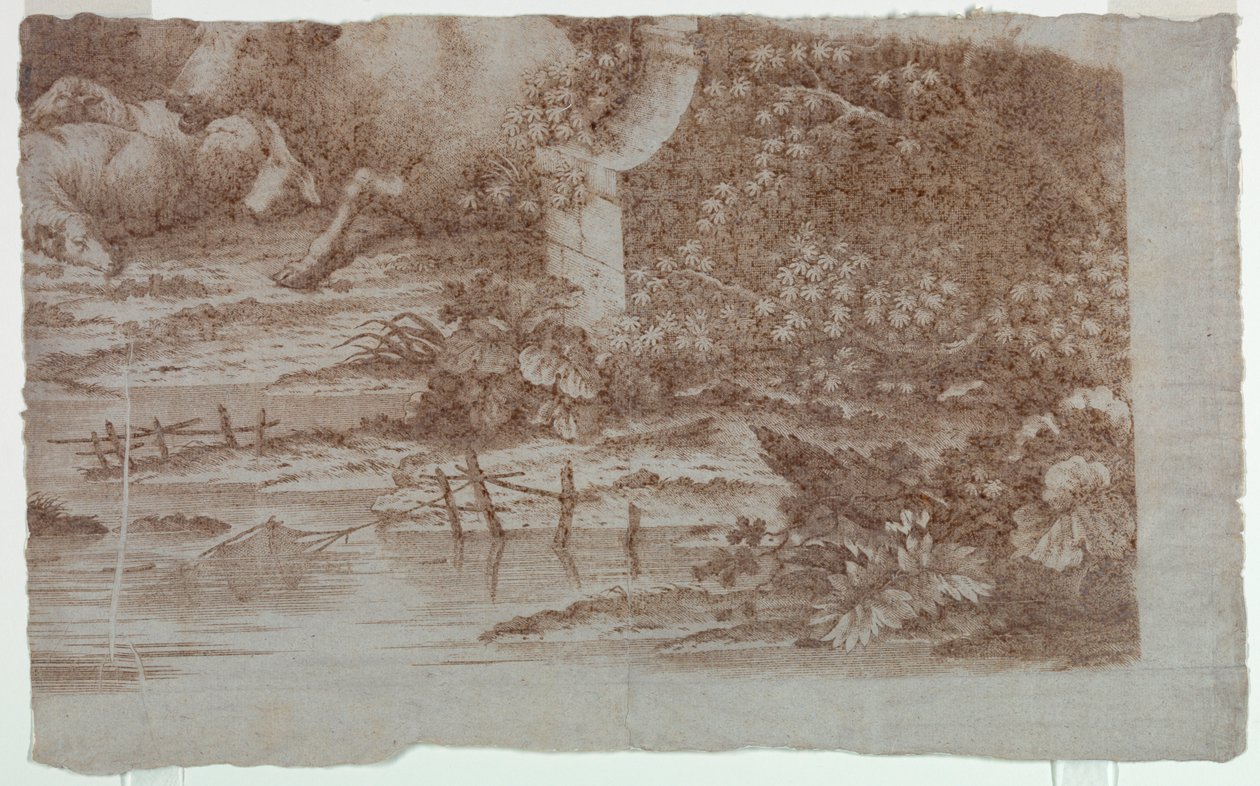 Prøvebevis for bomuldstryk: "Pastoral scene med påfugle og fjerkræ" af Unknown artist