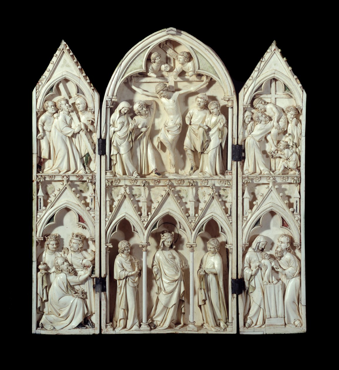 Triptykon af Saint-Sulpice du Tarn: korsvogn, korsfæstelse, nedstigning af korset, tilbedelse af magi, glorværdig jomfru, præsentation ved templet. Reliefstrømper i udskåret elfenben. Omkring 1300 Paris, Nationalmuseet for middelalderen, Thermes d af Unknown artist
