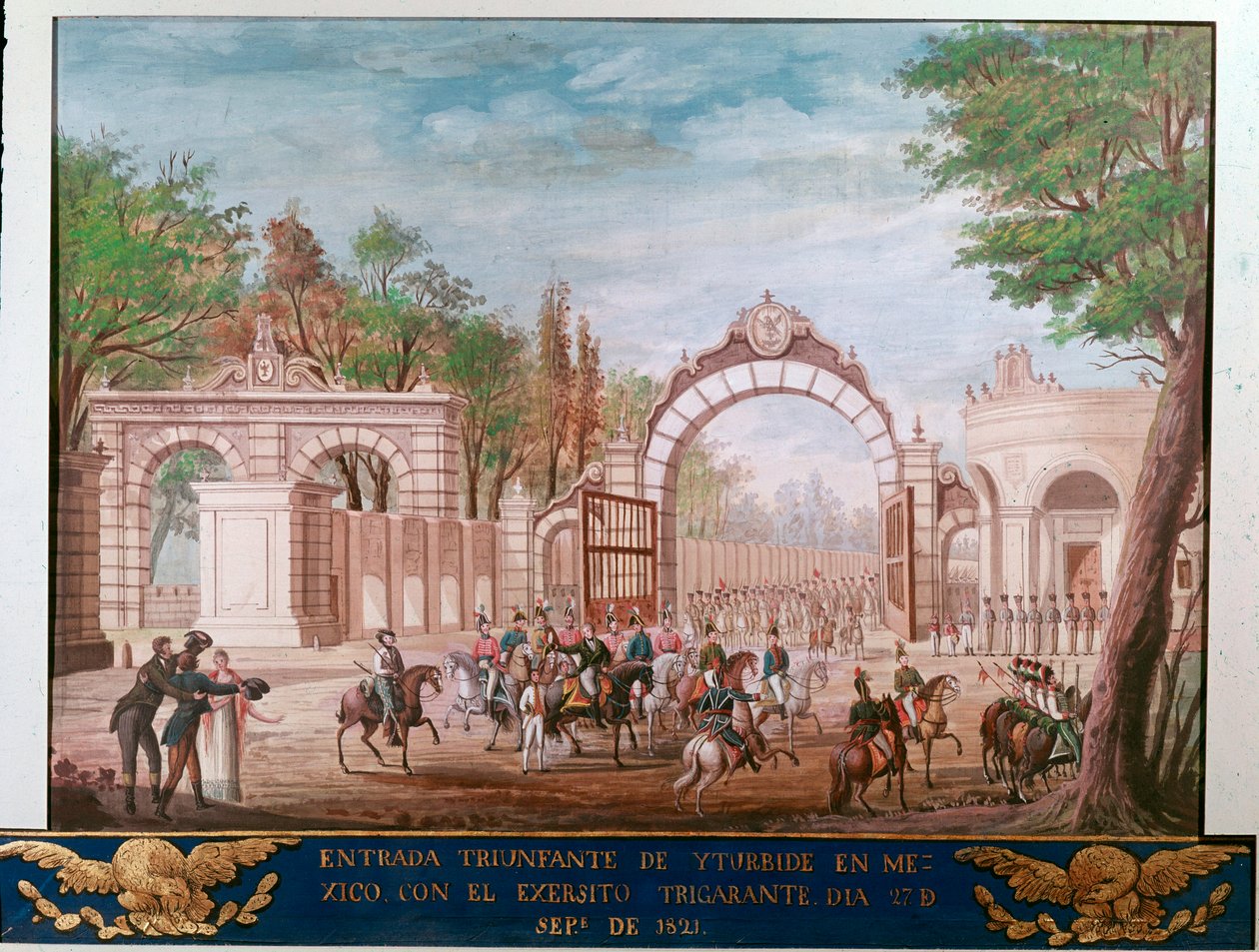 Triumfindgang for Agustin Iturbide (1783-1824), første kejser af det uafhængige Mexico, i Mexico City 7/09/1821 (triumfindtog af den første kejser af det frie Mexico Agustin Iturbide i Mexico City, 7. september af Unknown artist