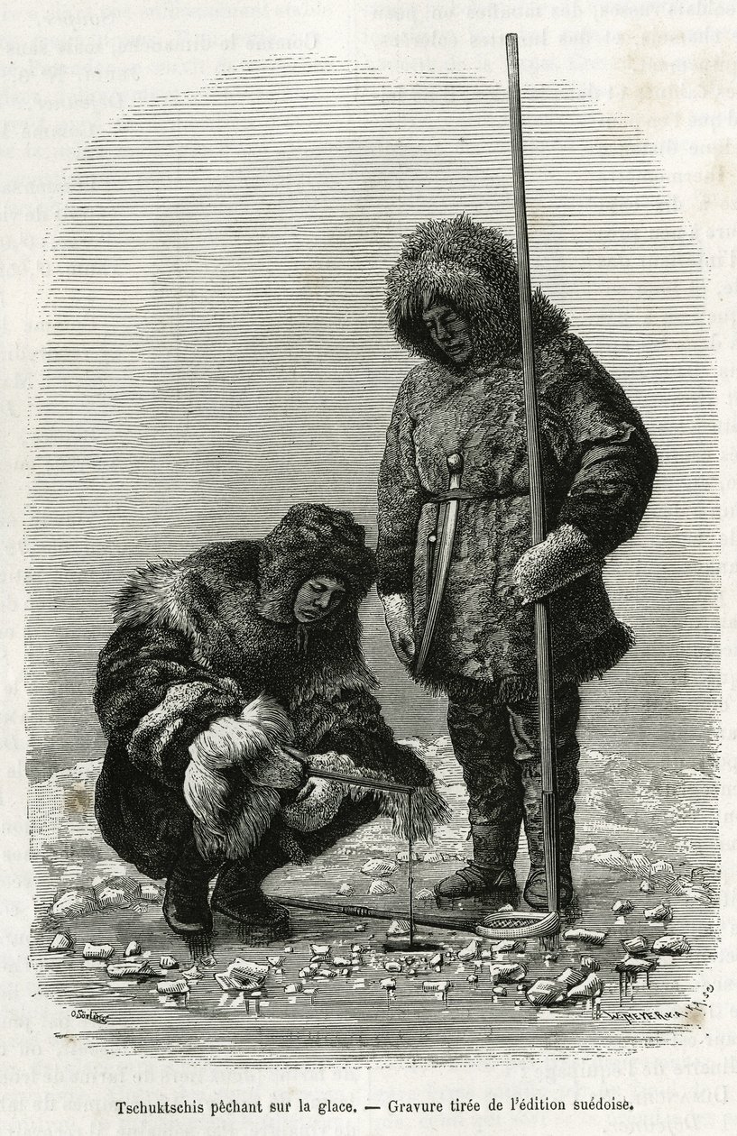 Tschuktschis fisker på is i Koljutchin-bugten (polarcirklen). Gravering fra den svenske udgave, til illustration af historien "" Voyage de la Vega around Asia and Euroope "", af Nils Adolf Erik (Eric) Baron Nordenskjold (Nordenskiold) (1832-1901), i 1878-1 af Unknown artist