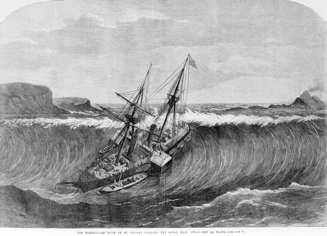 Tsunami 1867. Jordskælvet i Saint Thomas forårsagede de store bølger, der ramte linjeskibet "La Plata"" i 1867. af Unknown artist