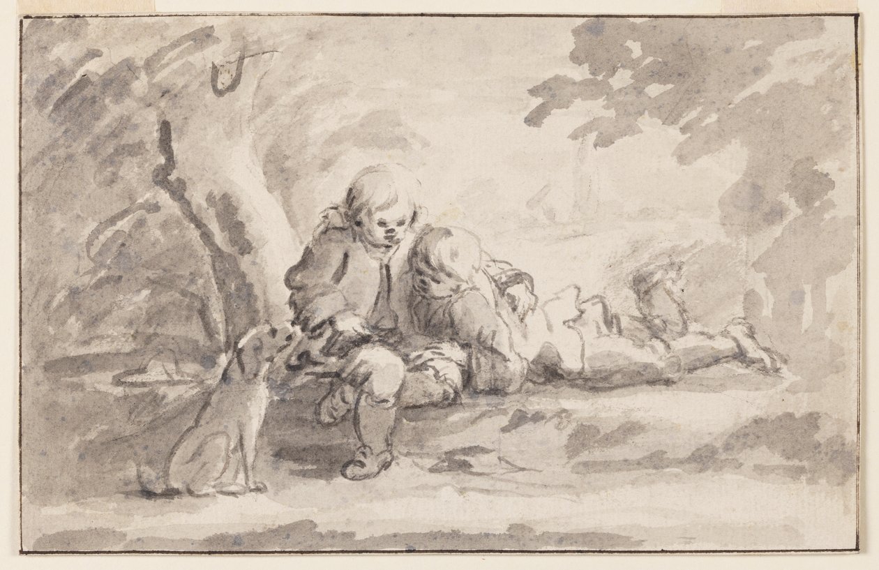 To drenge ser på en bog af Unknown artist