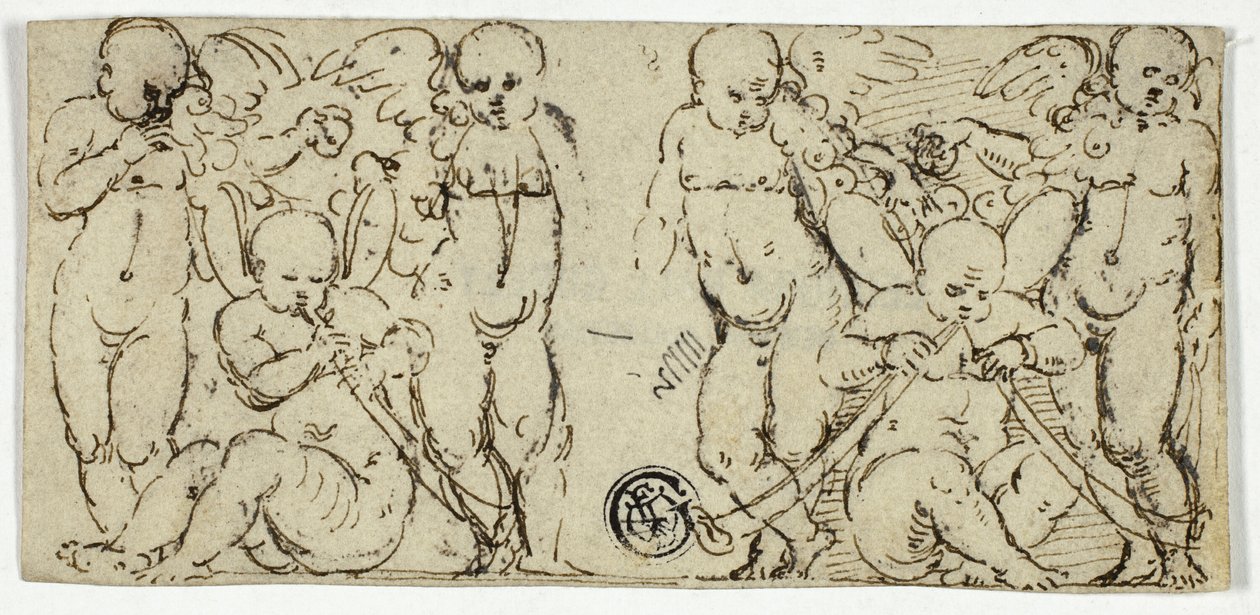To dekorative grupper af Putti med trompeter og frugt af Unknown artist