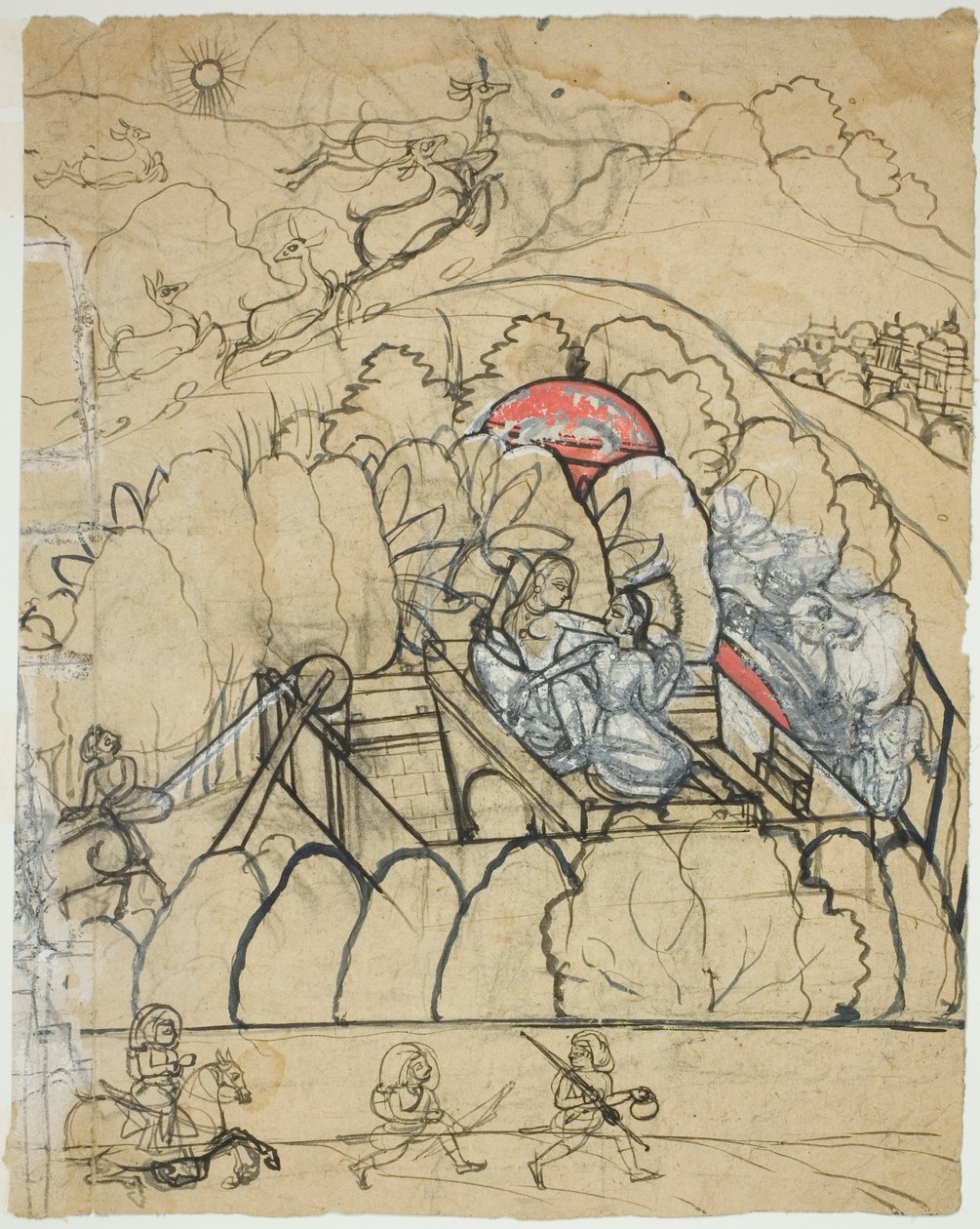 To damer konverserer ved en trappebrønd (Baoli) i en indhegnet have af Unknown artist