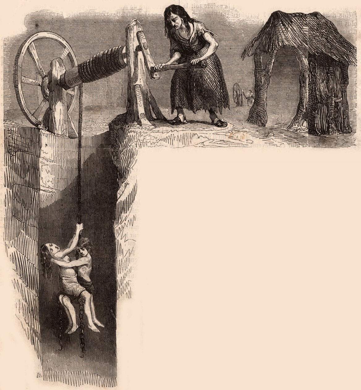 To udmattede børn taget ud af en engelsk kulmine af en kvinde med et spil (gravering) af Unknown artist