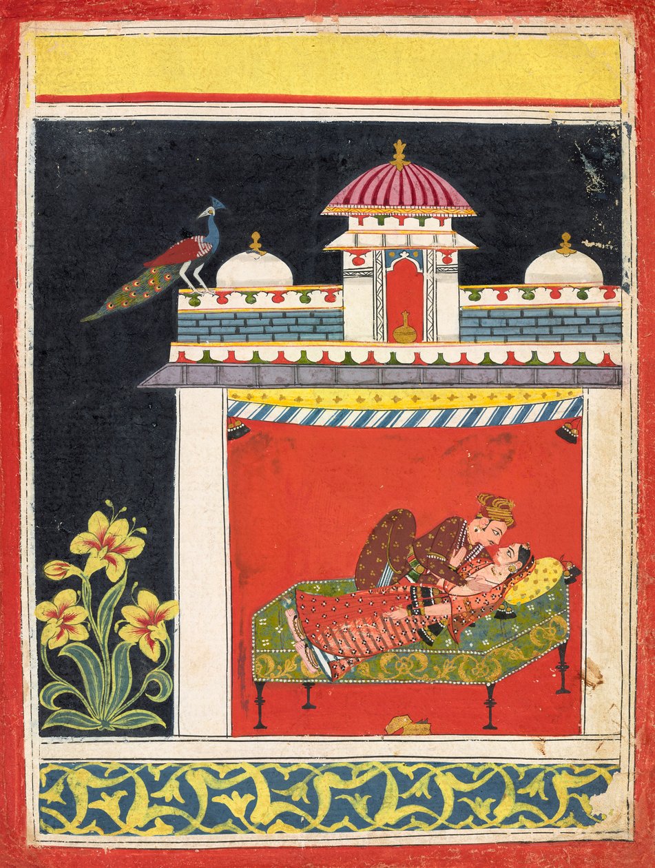 To elskere i en pavillon, fra en <em>Amarushataka</em> (Hundrede digte af Amaru) eller en uidentificeret erotisk serie af Unknown artist