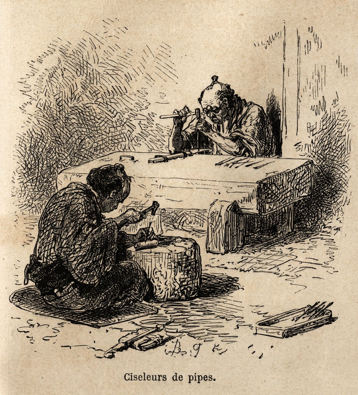 To arbejdere, hver med en hammer og et slag, er ved at udskære metalrør i deres værksted. Gravering til illustration af rejsen til Japan af Aime Humbert, minister for det schweiziske forbund, i 1863-1864, udgivet i "" le tour du monde"", under instruktion af Unknown artist