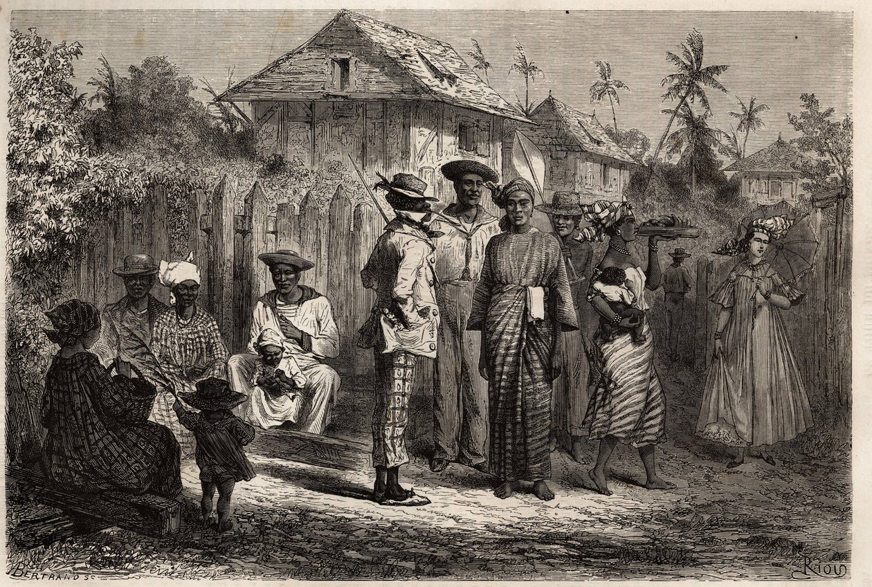 Typer af indfødte Cayenne (Fransk Guyana), kvinder klædt i ungt træ (knyttet kjole) af madras og klædt med farverige turbaner, mændene adopterede det vestlige kostume. Gravering til illustration af rejsen i Fransk Guyana i 1862-1863 af Frederic Bouyer, ca. af Unknown artist