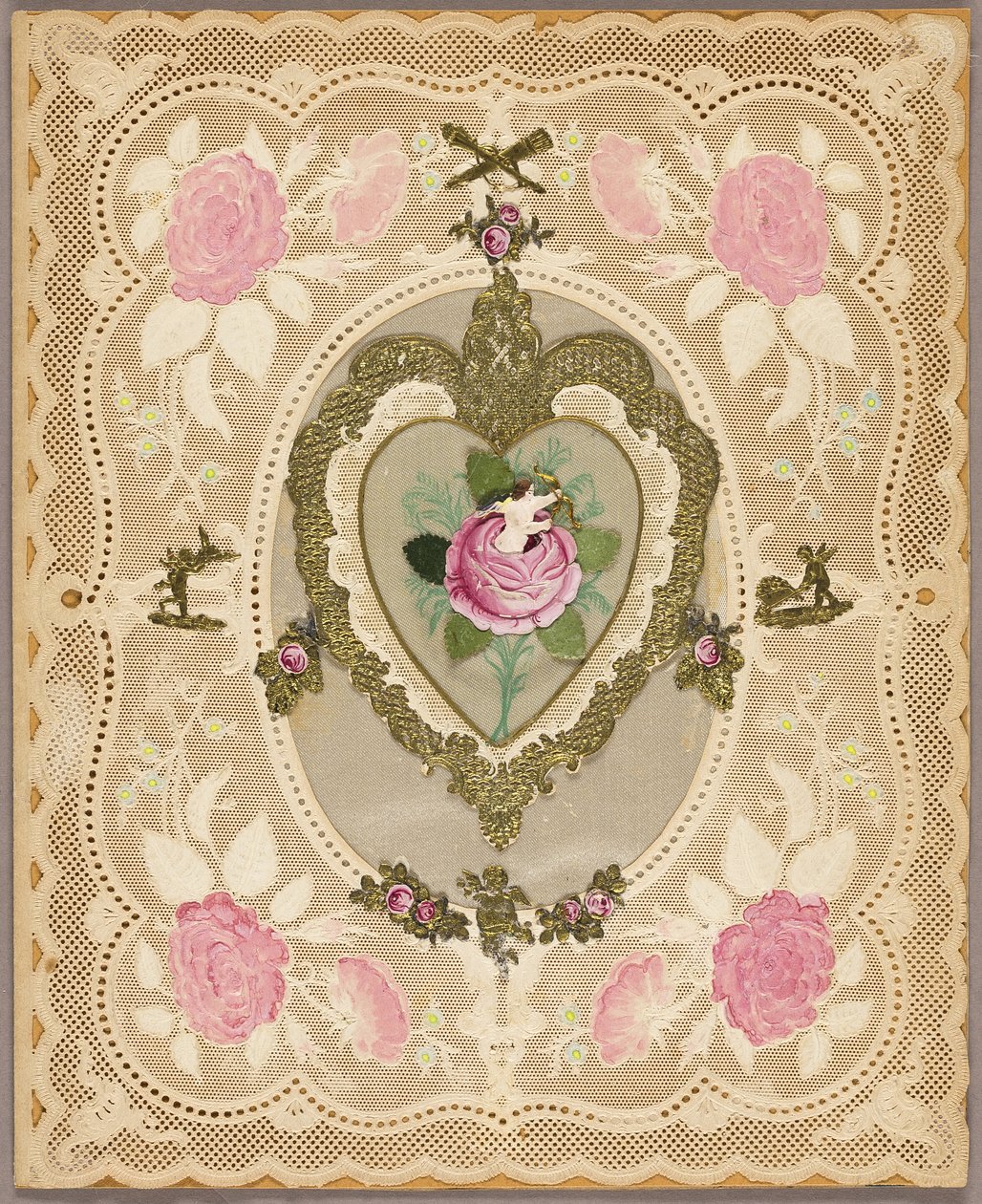 Valentin uden titel (lyserøde blomster og putti) af Unknown artist