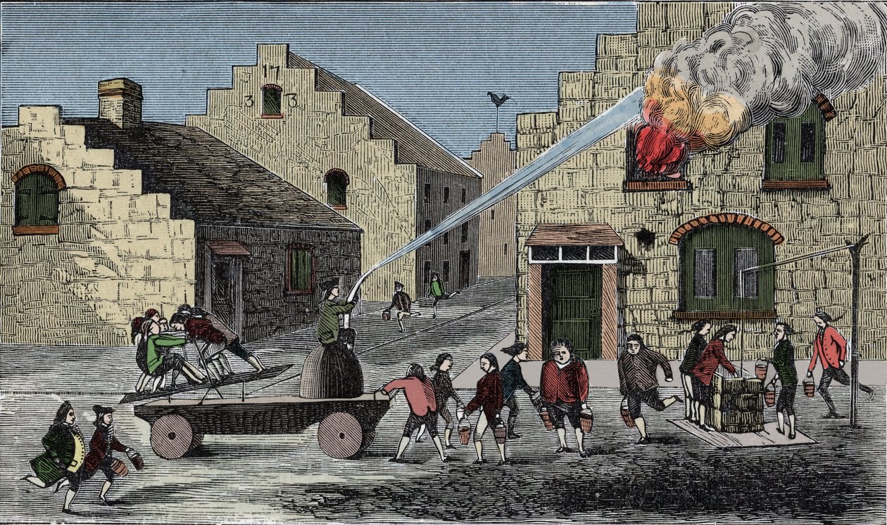 Brug af en brandpumpe til at slukke en brand. 1733 stik. af Unknown artist