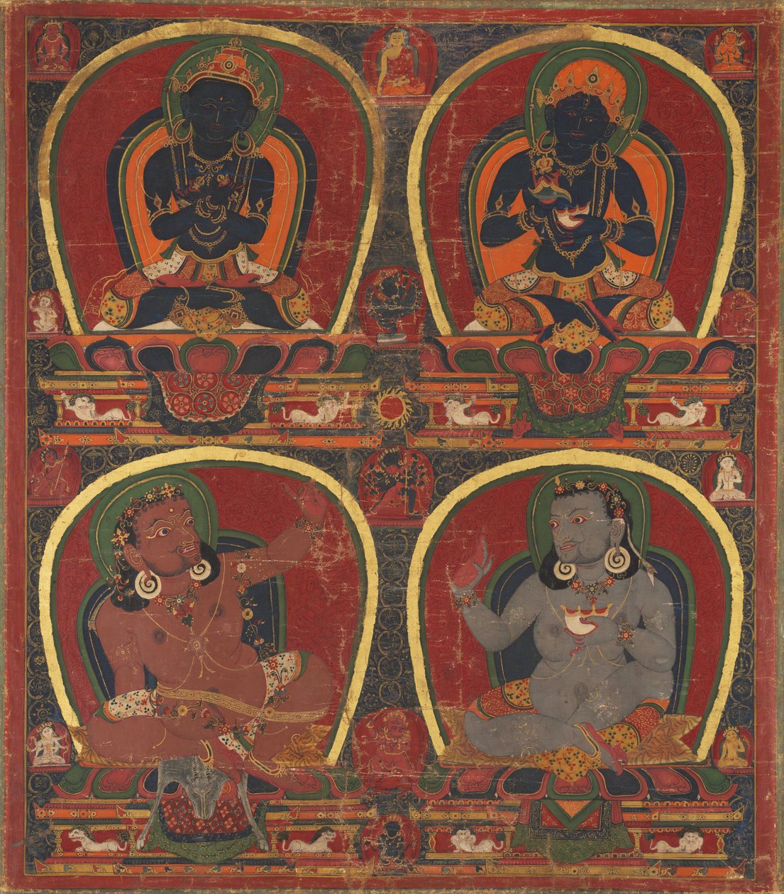 Vajradhara, Nairatmya og Mahasiddhas Virupa og Kanha af Unknown artist