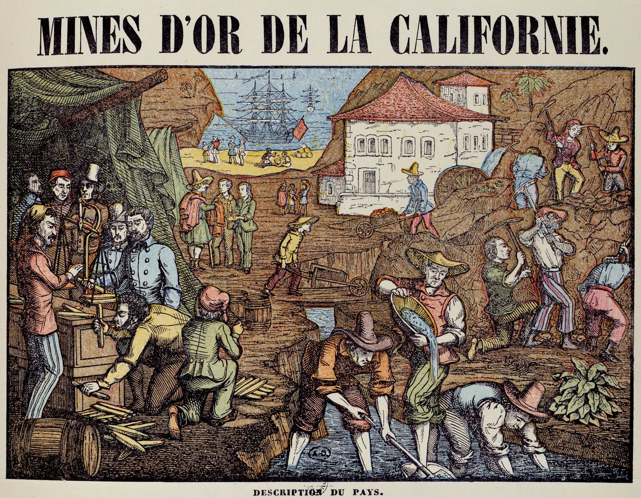 Forskellige aktiviteter i en guldmine i Californien: Søg efter pepiter, vejning, køb, efterladelse af varerne. Indgravering af det 19. århundrede. Paris, dekorativ kunst af Unknown artist
