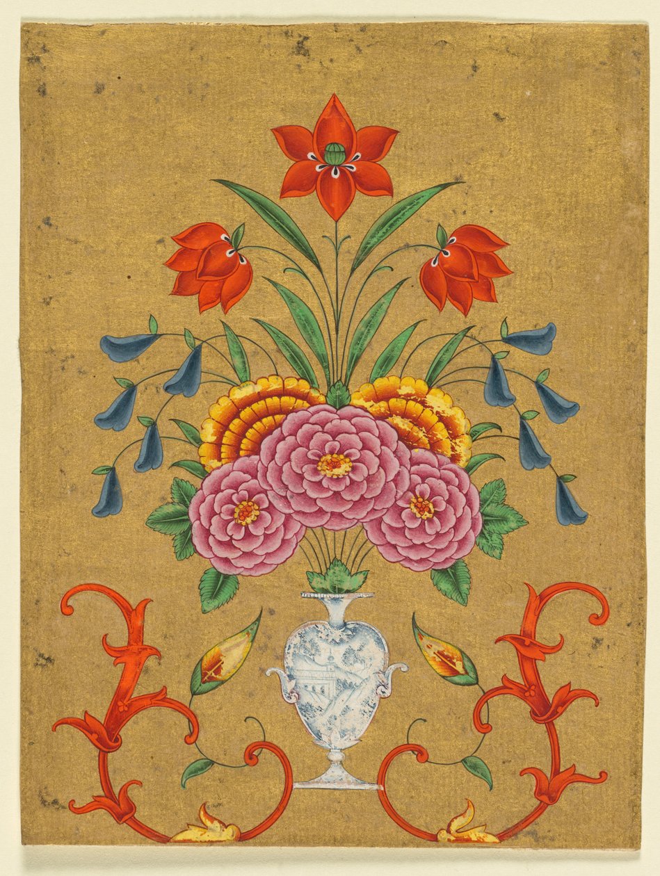 Vase med blomsterarrangement og scrollwork af Unknown artist