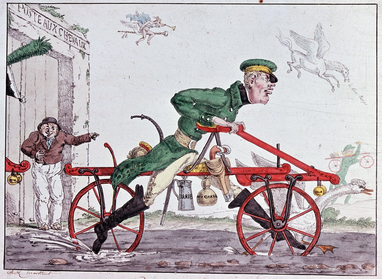 Velocipedes draisiennes - karikatur på Baron Drais af Unknown artist