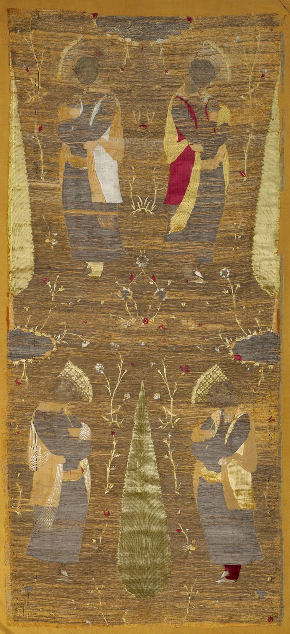 Fløjlspanel med fire unge, der dufter blomster af Unknown artist