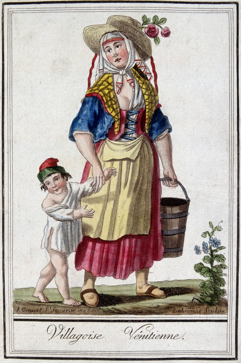 Venetiansk landsby med sin søn. 1700-tals stik. af Unknown artist