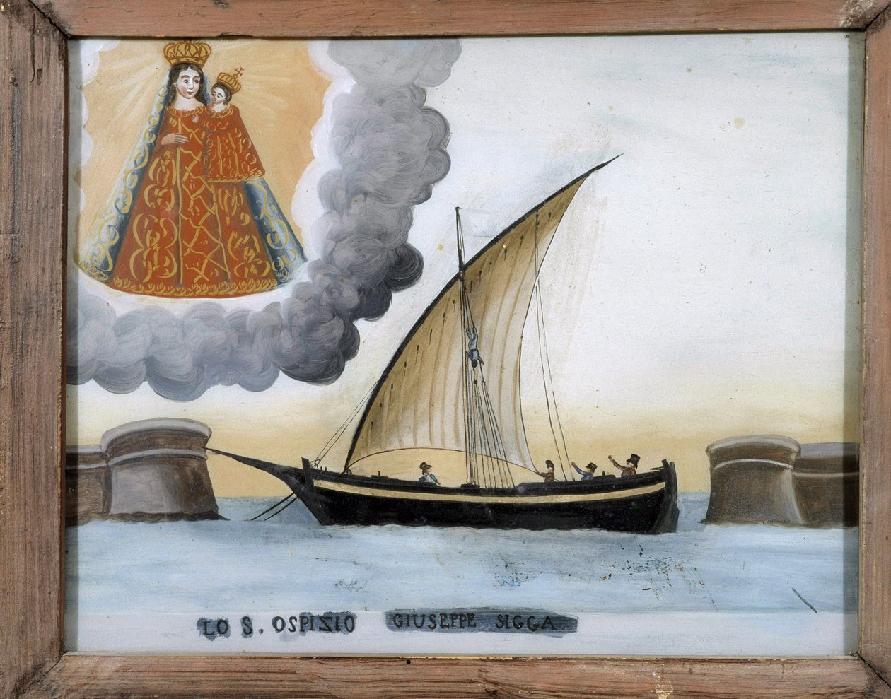 Fartøj i vanskeligheder - maleri på glas, ex-voto fra Notre Dame de Laghet, 25x32 cm af Unknown artist