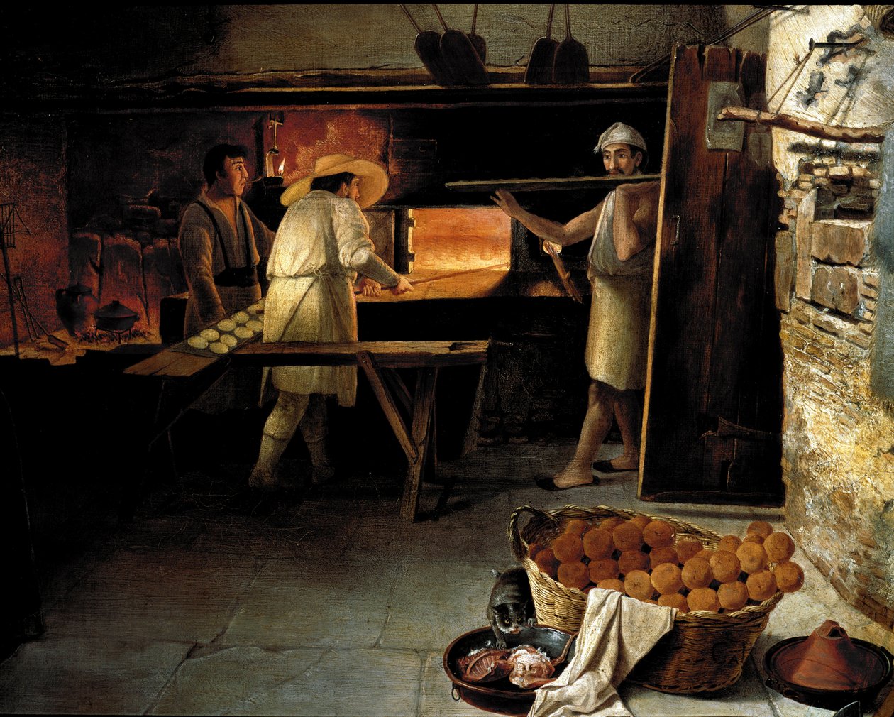Udsigt fra indersiden af et bageri Bagere bager brødet i ovnen. Anonymt maleri fra det 18. århundrede. Rom, Museo del Folklore af Unknown artist