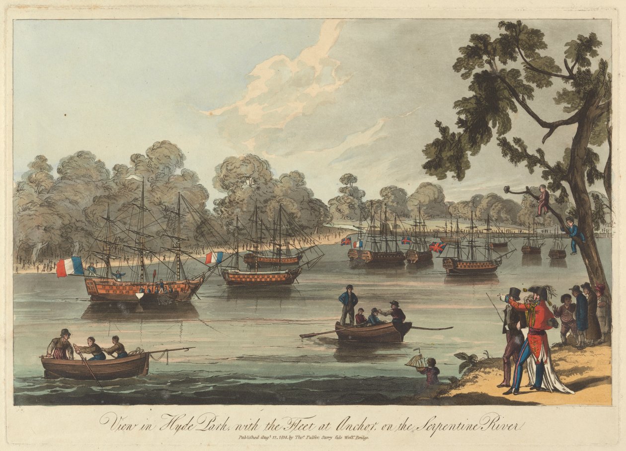 Udsigt i Hyde Park, med flåden for anker på Serpentine River, 12. august 1814 af Unknown artist
