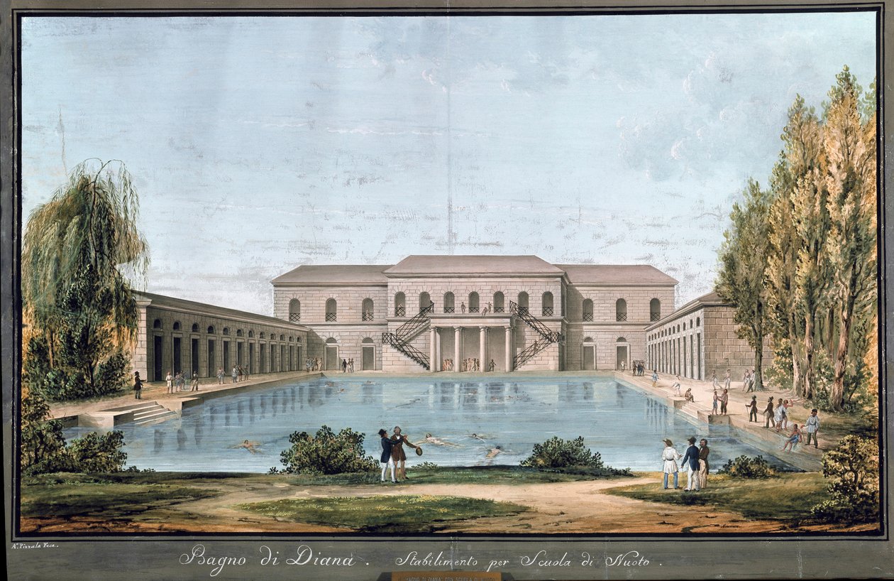 Udsigt over Diana-badet, den første italienske swimmingpool, i Milano (maleri af Unknown artist